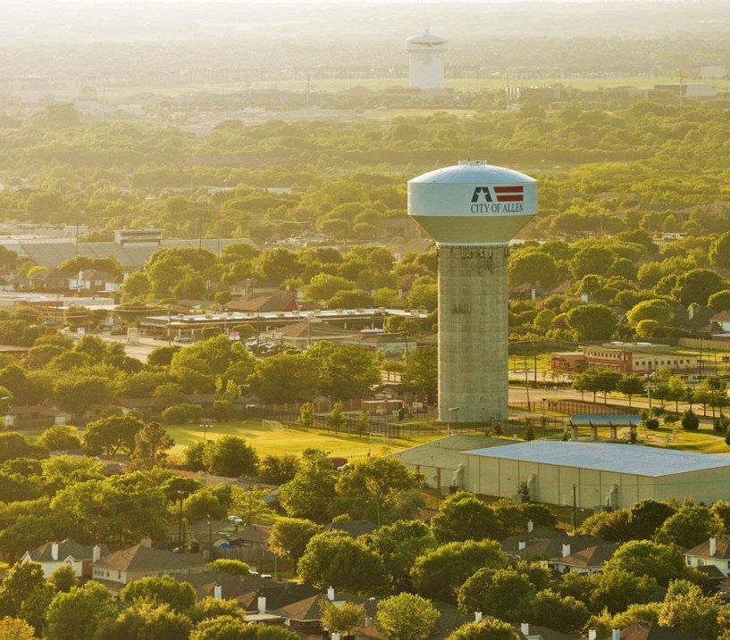 Aerial view of the City of Allen, Texas water tower surrounded by neighborhoods