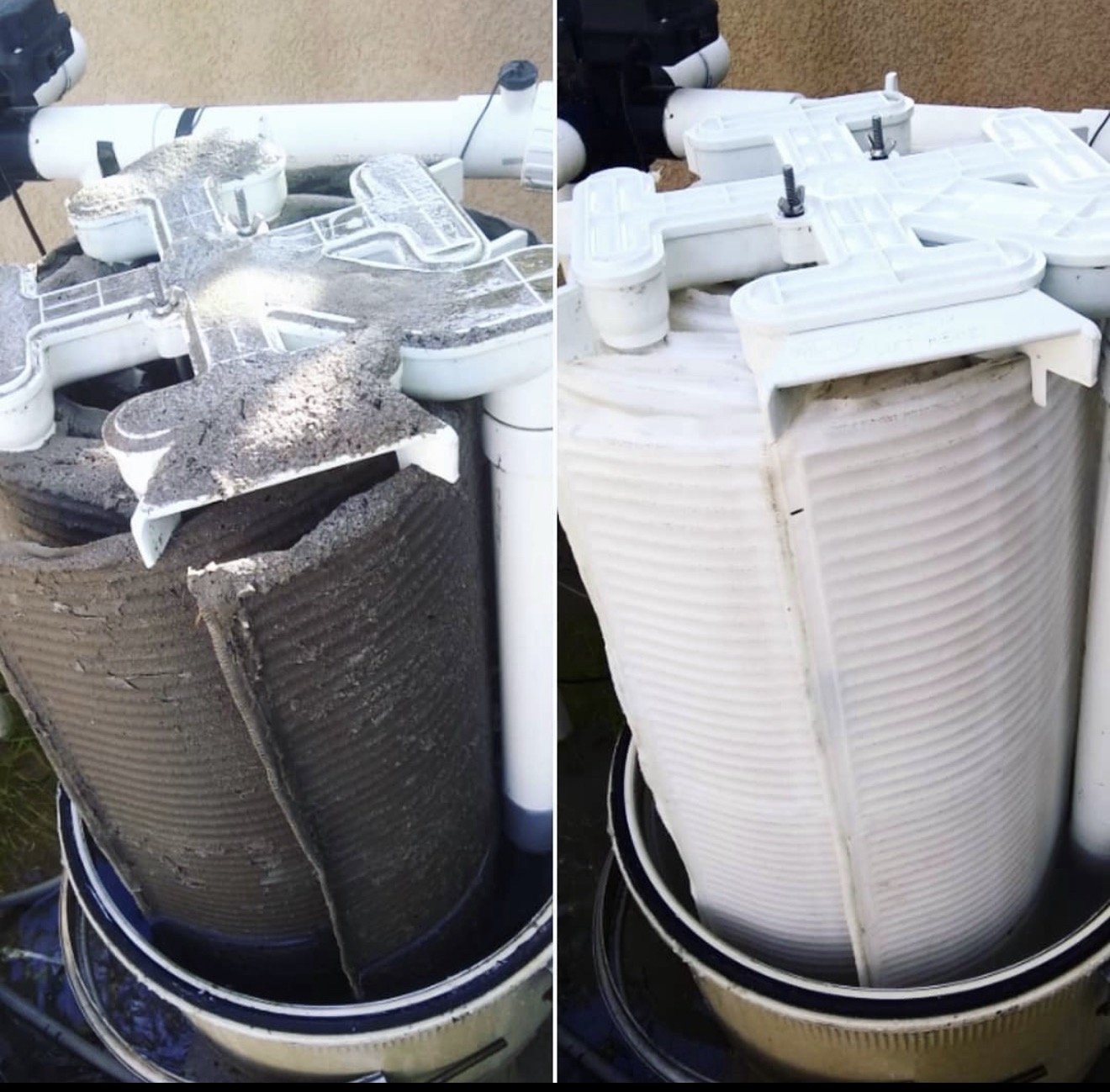 Side-by-side comparison of a dirty pool filter cartridge next to a professionally cleaned one